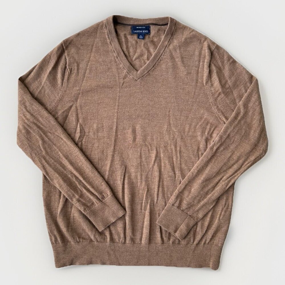 Lands End 100% Merino Wool Sweater Men’s XL 46-48 Tan Beige Pullover V-Neck